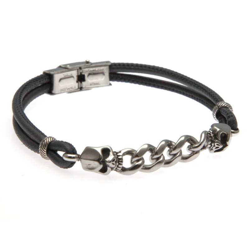 bracciale uomo con teschi pelle blu e acciaio
