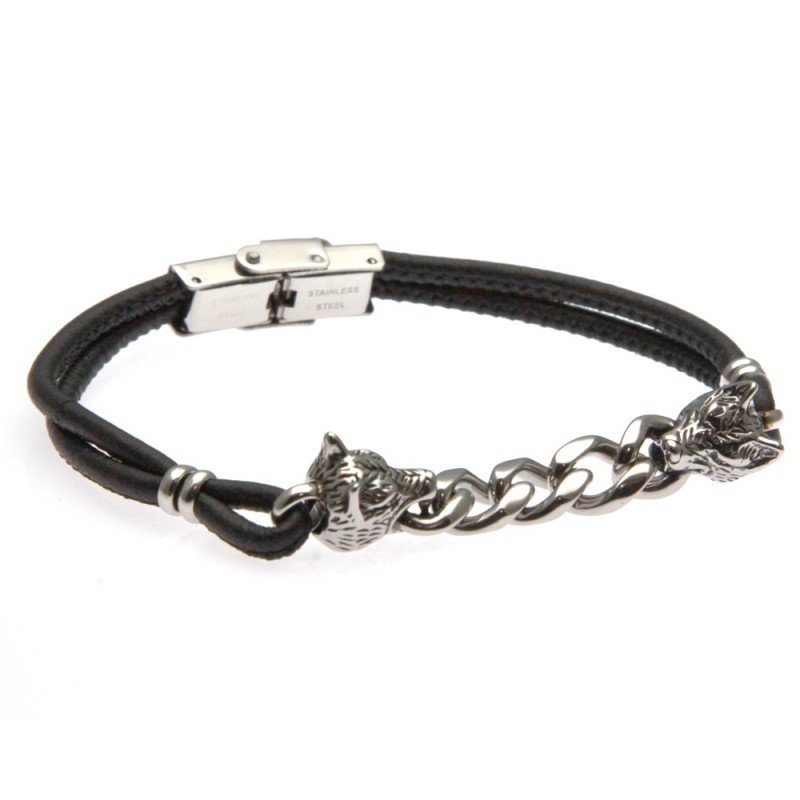 bracciale uomo con lupi pelle nera e acciaio