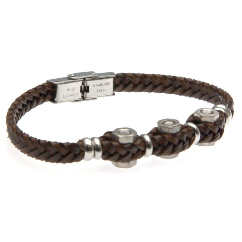 bracciale uomo pelle e bulloni in acciaio