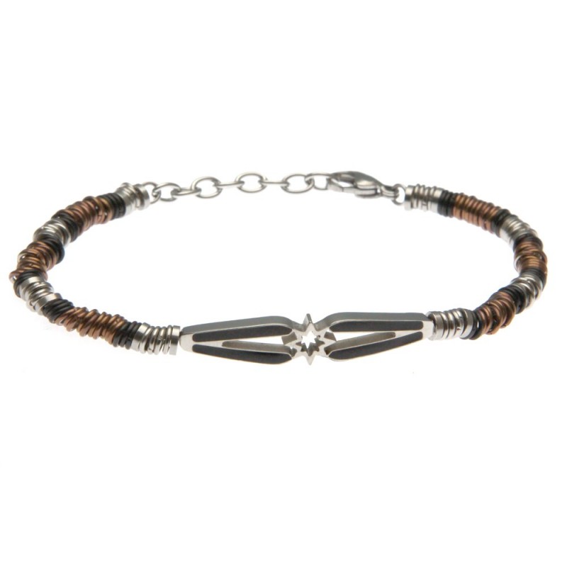 bracciale uomo con piastra con rosa dei venti in acciaio